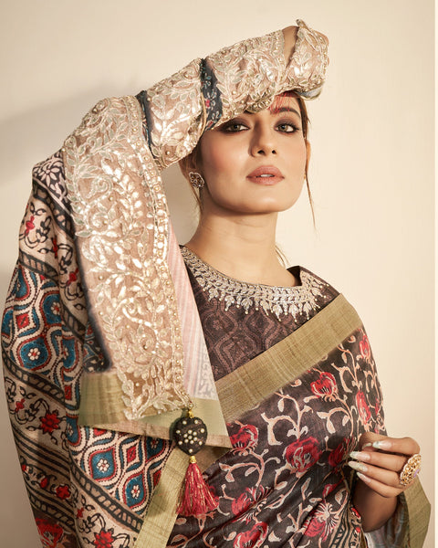 Brown Bhagalpuri Silk Printed Saree With Hand Work Embroidered Blouse