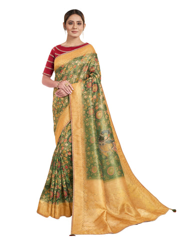 Green Tissue Jacquard Floral Print Saree With Red Embroidered Blouse