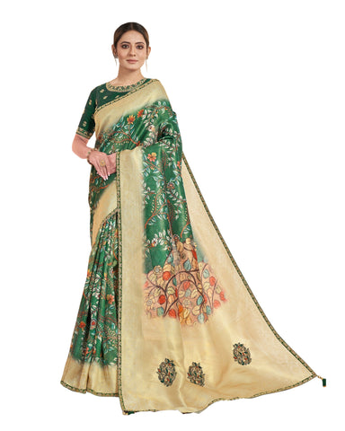 Green Tissue Floral Print Saree With Raw Silk Embroidered Blouse
