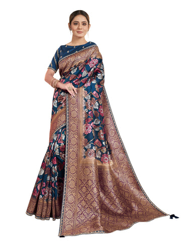 Blue Tusser Silk Jacquard Floral Print Saree With Silk Embroidered Blouse