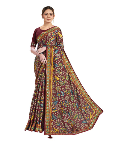 Brown Gajji Silk Floral Print Saree With Brown Thread Work Blouse