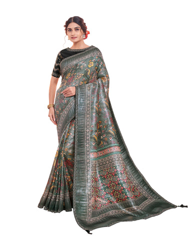 Grey Tissue Woven Print Saree With Black Embroidered Blouse