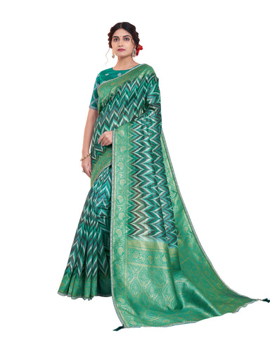 Sea Green Tissue Jacquard Printed Saree With Green Embroidered Blouse