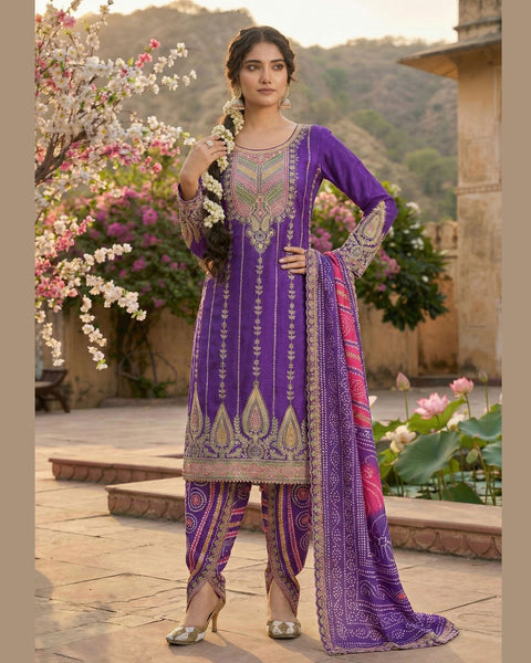 Purple Fiber Chinnon Silk Women Readymade Kurta With Dhoti Salwar