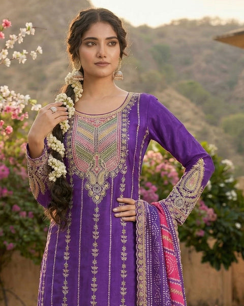 Purple Fiber Chinnon Silk Women Readymade Kurta With Dhoti Salwar