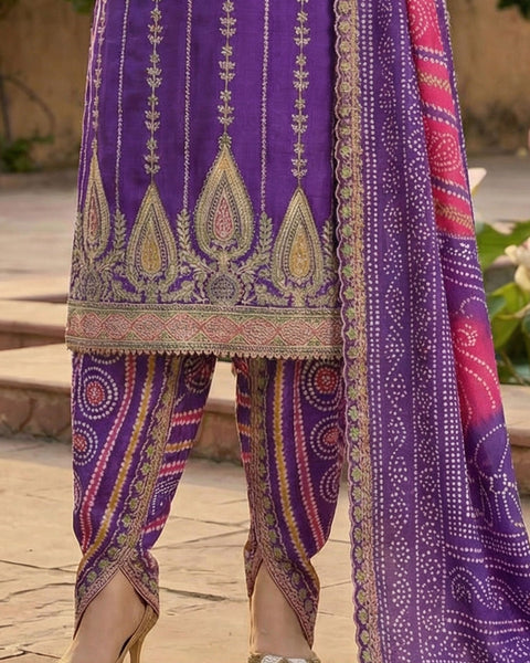 Purple Fiber Chinnon Silk Women Readymade Kurta With Dhoti Salwar