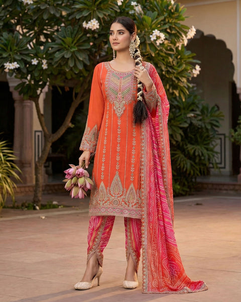 Orange Pink Fiber Chinnon Silk Women Readymade Kurta With Dhoti Salwar