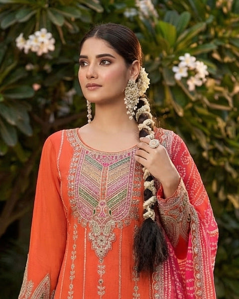 Orange Pink Fiber Chinnon Silk Women Readymade Kurta With Dhoti Salwar
