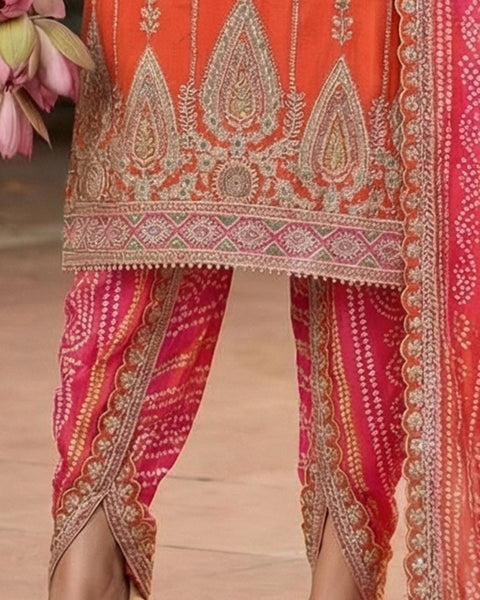 Orange Pink Fiber Chinnon Silk Women Readymade Kurta With Dhoti Salwar