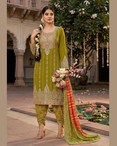 Green Fiber Chinnon Silk Women Readymade Kurta With Dhoti Salwar