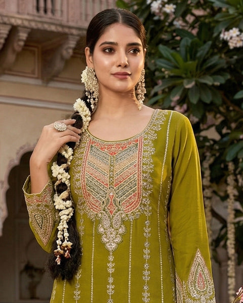 Green Fiber Chinnon Silk Women Readymade Kurta With Dhoti Salwar