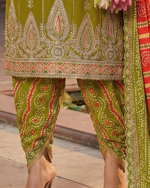 Green Fiber Chinnon Silk Women Readymade Kurta With Dhoti Salwar
