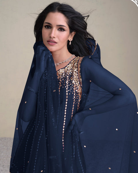 Women Blue Silk Sequins & Mirror Work Readymade Frock Suit With Embroidered Dhoti Salwar