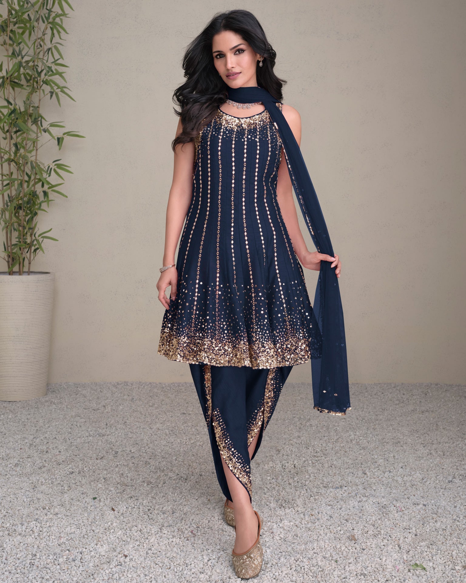 Women Blue Silk Sequins & Mirror Work Readymade Frock Suit With Embroidered Dhoti Salwar