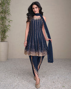 Women Blue Silk Sequins & Mirror Work Readymade Frock Suit With Embroidered Dhoti Salwar