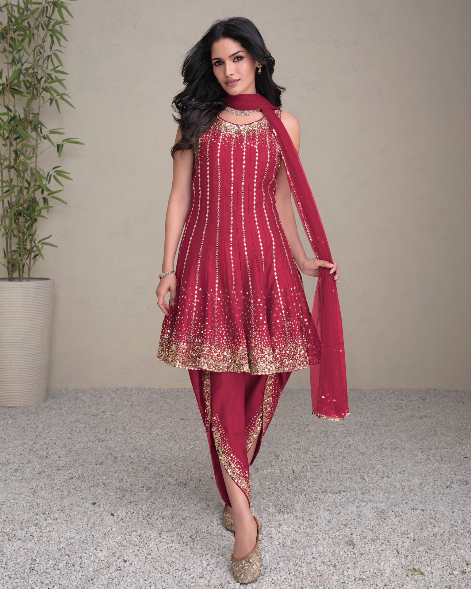 Women Pink Silk Sequins & Mirror Work Readymade Frock Suit With Embroidered Dhoti Salwar