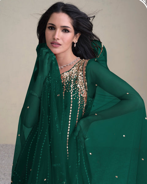 Women Green Silk Sequins & Mirror Work Readymade Frock Suit With Embroidered Dhoti Salwar