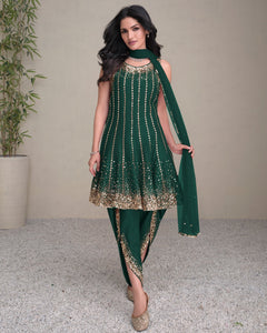 Women Green Silk Sequins & Mirror Work Readymade Frock Suit With Embroidered Dhoti Salwar