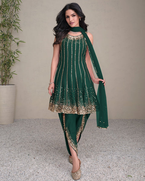 Women Green Silk Sequins & Mirror Work Readymade Frock Suit With Embroidered Dhoti Salwar