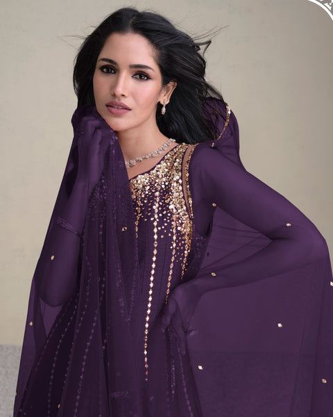 Women Purple Silk Sequins & Mirror Work Readymade Frock Suit With Embroidered Dhoti Salwar
