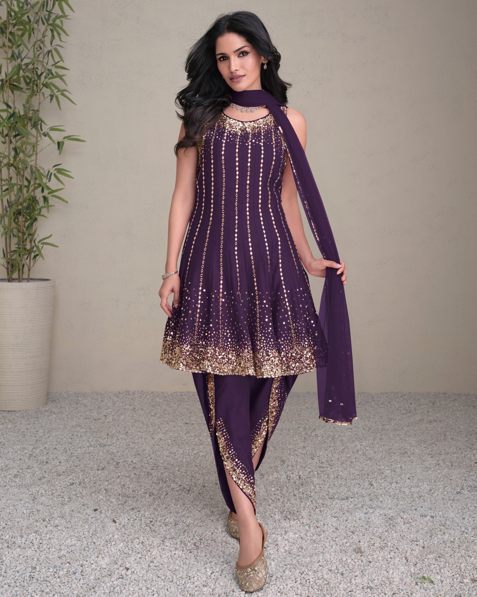 Women Purple Silk Sequins & Mirror Work Readymade Frock Suit With Embroidered Dhoti Salwar