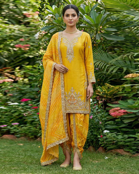 Yellow Zari Work Chinnon Silk Women Readymade Kurta With Dhoti Salwar & Chinnon Dupatta
