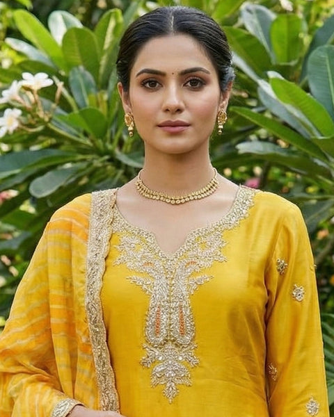 Yellow Zari Work Chinnon Silk Women Readymade Kurta With Dhoti Salwar & Chinnon Dupatta