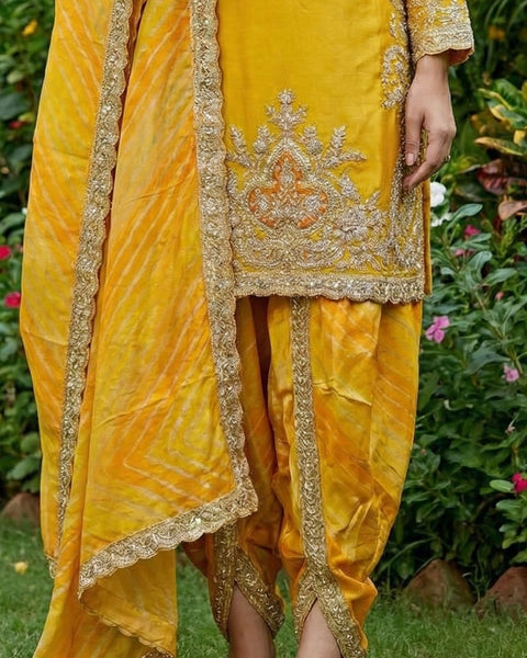 Yellow Zari Work Chinnon Silk Women Readymade Kurta With Dhoti Salwar & Chinnon Dupatta