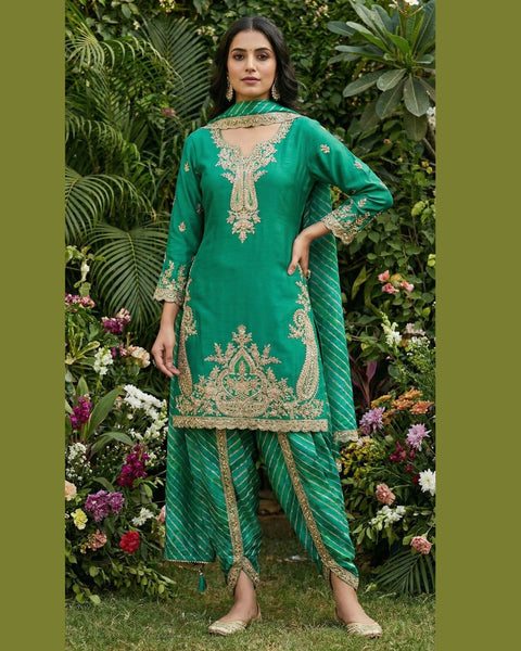 Green Zari Work Chinnon Silk Women Readymade Kurta With Dhoti Salwar & Chinnon Dupatta