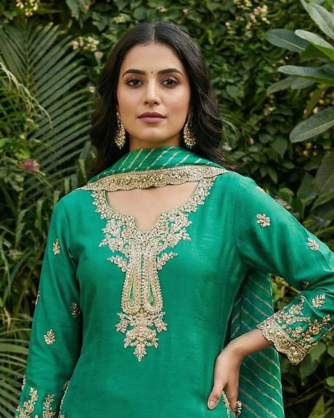 Green Zari Work Chinnon Silk Women Readymade Kurta With Dhoti Salwar & Chinnon Dupatta