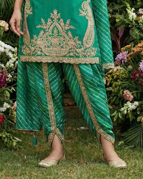 Green Zari Work Chinnon Silk Women Readymade Kurta With Dhoti Salwar & Chinnon Dupatta