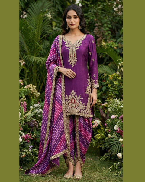 Purple Zari Work Chinnon Silk Women Readymade Kurta With Dhoti Salwar & Chinnon Dupatta