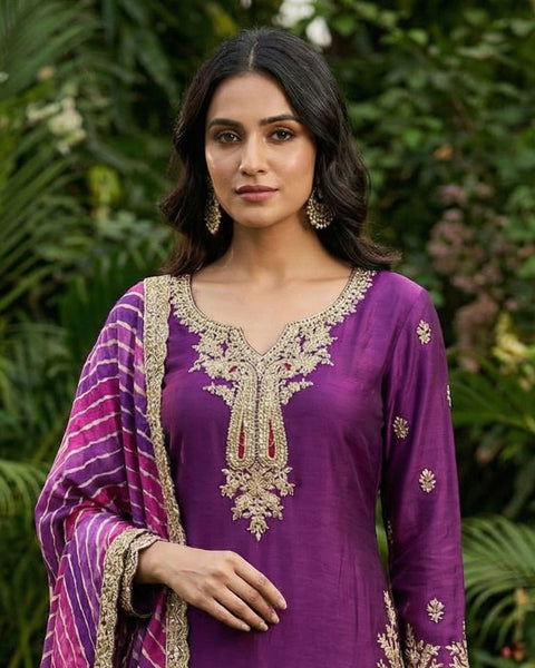 Purple Zari Work Chinnon Silk Women Readymade Kurta With Dhoti Salwar & Chinnon Dupatta