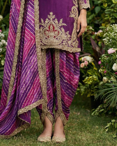 Purple Zari Work Chinnon Silk Women Readymade Kurta With Dhoti Salwar & Chinnon Dupatta