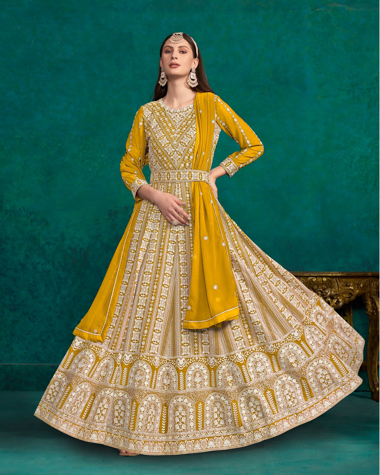 Yellow Thread Work Faux Georgette Anarkali Suit With Yellow Embroidered Dupatta