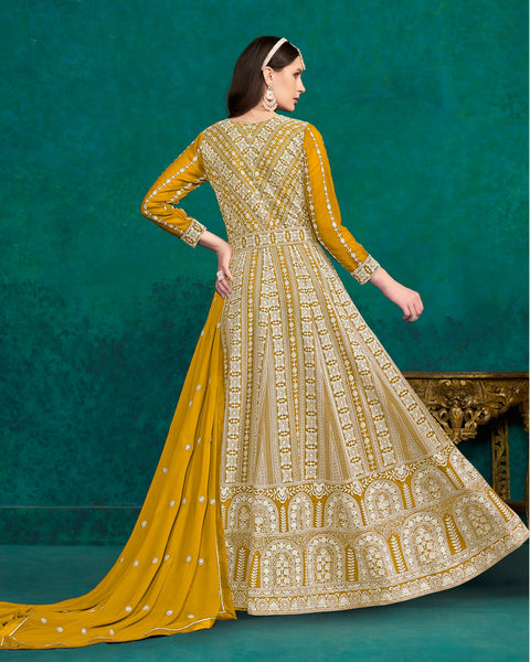 Yellow Thread Work Faux Georgette Anarkali Suit With Yellow Embroidered Dupatta
