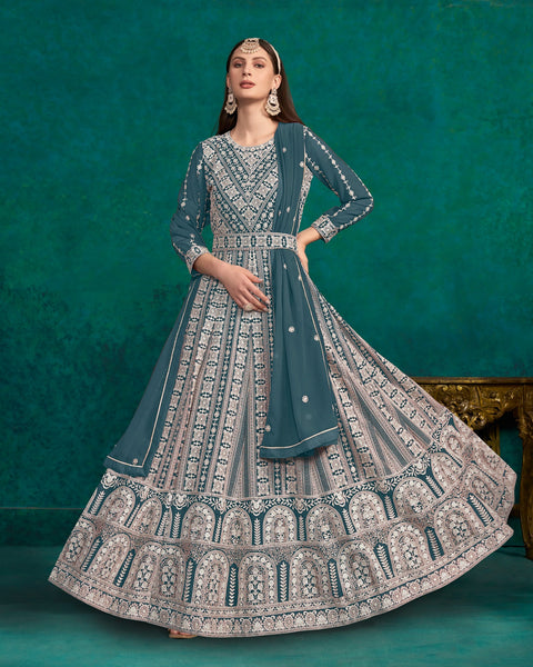 Blue Thread Work Faux Georgette Anarkali Suit With Blue Embroidered Dupatta