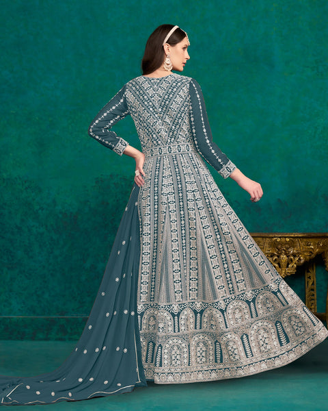 Blue Thread Work Faux Georgette Anarkali Suit With Blue Embroidered Dupatta