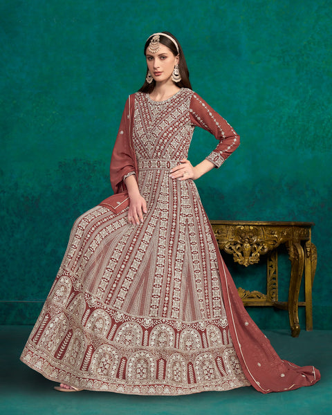 Brown Thread Work Faux Georgette Anarkali Suit With Brown Embroidered Dupatta