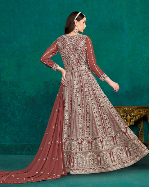 Brown Thread Work Faux Georgette Anarkali Suit With Brown Embroidered Dupatta