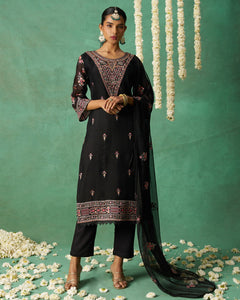 Black Pure Organza Silk Thread Work Women Unstitched Churidar Suit With Chiffon Dupatta