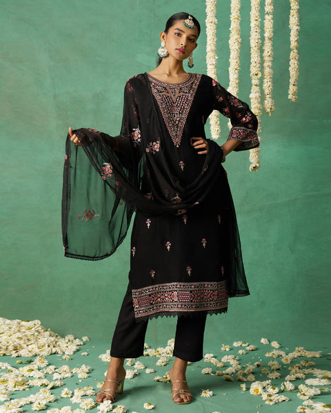 Black Pure Organza Silk Thread Work Women Unstitched Churidar Suit With Chiffon Dupatta