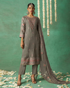 Grey Pure Organza Silk Thread Work Women Unstitched Churidar Suit With Chiffon Dupatta