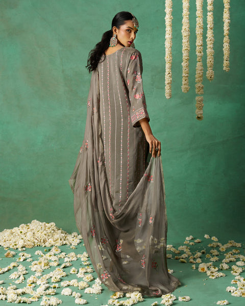 Grey Pure Organza Silk Thread Work Women Unstitched Churidar Suit With Chiffon Dupatta