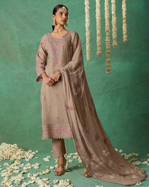 Beige Pure Organza Silk Thread Work Women Unstitched Churidar Suit With Chiffon Dupatta