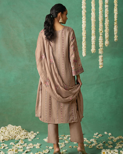 Beige Pure Organza Silk Thread Work Women Unstitched Churidar Suit With Chiffon Dupatta