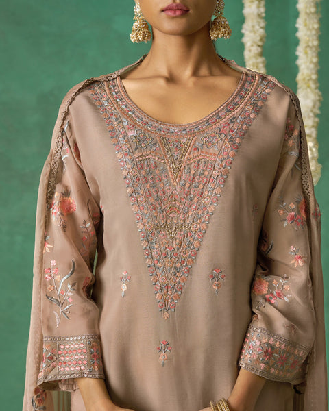 Beige Pure Organza Silk Thread Work Women Unstitched Churidar Suit With Chiffon Dupatta