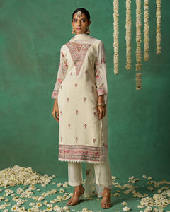 Cream Pure Organza Silk Thread Work Women Unstitched Churidar Suit With Chiffon Dupatta