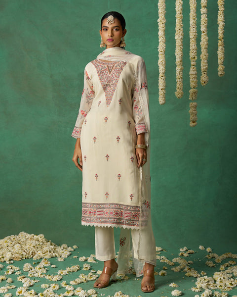 Cream Pure Organza Silk Thread Work Women Unstitched Churidar Suit With Chiffon Dupatta
