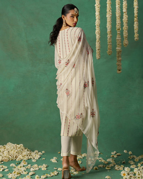 Cream Pure Organza Silk Thread Work Women Unstitched Churidar Suit With Chiffon Dupatta